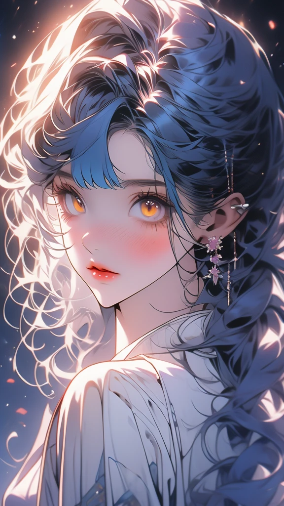 anime girl 20 years old with narrow yellow eyes, a smoll mole under the eye, bruises under the eye, inconspicuous freckles on the nose, straight dark purple-blue hair below the shoulders and oblique long bangs covering the left eye, pale skin, tired look, breasts of the second size, low height, 4k