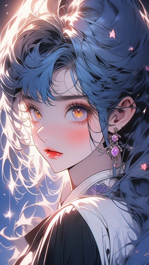 anime girl 20 years old with narrow yellow eyes, a smoll mole under the eye, bruises under the eye, inconspicuous freckles on the nose, straight dark purple-blue hair below the shoulders and oblique long bangs covering the left eye, pale skin, tired look, breasts of the second size, low height, 4k