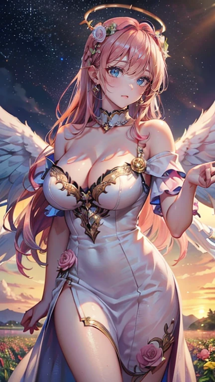 (masterpiece, Highest quality:1.3), (Very detailed:1.2), (hyperRealistic:1.3), (RAW Photos:1.2), High resolution raw color photos, Professional photos, (PhotoRealistic:1.4), (Realistic:1.4), (Pink Hair:1.5), Professional Lighting, Perfect Anatomy, (Big Breasts:1.2), (blush, Detailed face), (smile:1.7), sexy, erotic sexy, ランダムなsexyなグラビアポーズ, (An angel in a white gold off-the-shoulder sundress、so beautiful、Wearing a flower crown and smiling gracefully in a flower field in full bloom、The background is flowers in full bloom々、Shining starry sky、Pearl Earrings、Pose picking flowers。:1.3)、Archangel Raphael、It has two large white wings on its back...、She looks like an angel.、Taking the form of an archangel、holding a pink rose in hand、A round halo of an angel on my head
