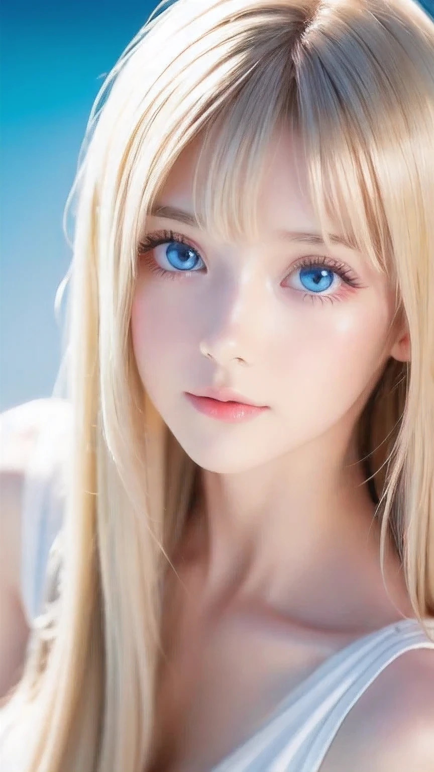 Crystal clear and shiny skin、Cute  13 year old with beautiful face、Very large, beautiful, bright, pale sky blue eyes、Very big eyes、Super long straight hair that shines in the light、Long, silky bangs that cover her cute eyes、Hair that hides sexy features、too long bangs、Sexy and cute young beauty、Super long natural young blonde hair with sparkling highlights Blonde over one eye Blonde over one eye、Blonde hair between the eyes