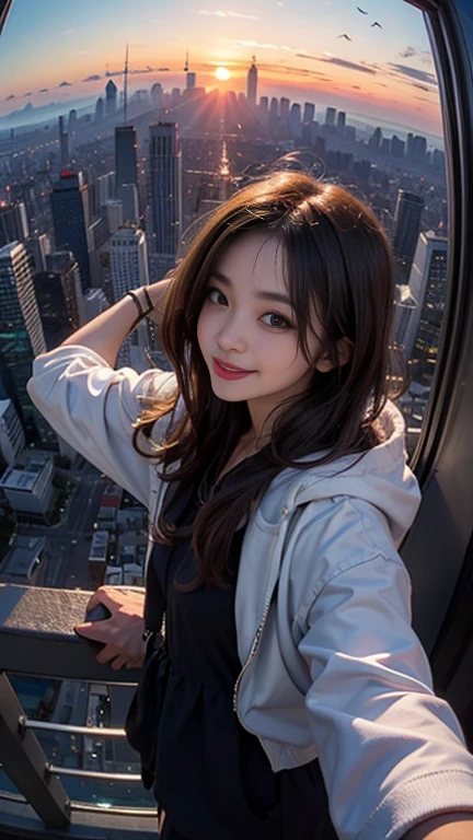 One girl, Korean, Fisheye Lens, Selfie, Wind, Messy Hair, sunset, Cityscape, (Aesthetics and atmosphere:1.2),smile