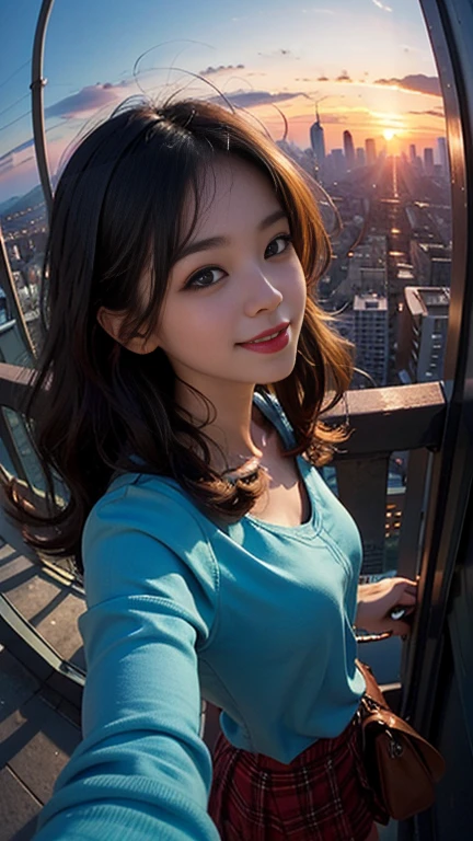 One girl, Korean, Fisheye Lens, Selfie, Wind, Messy Hair, sunset, Cityscape, (Aesthetics and atmosphere:1.2),smile