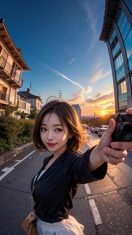 One girl, Korean, Fisheye Lens, Selfie, Wind, Messy Hair, sunset, Cityscape, (Aesthetics and atmosphere:1.2),smile