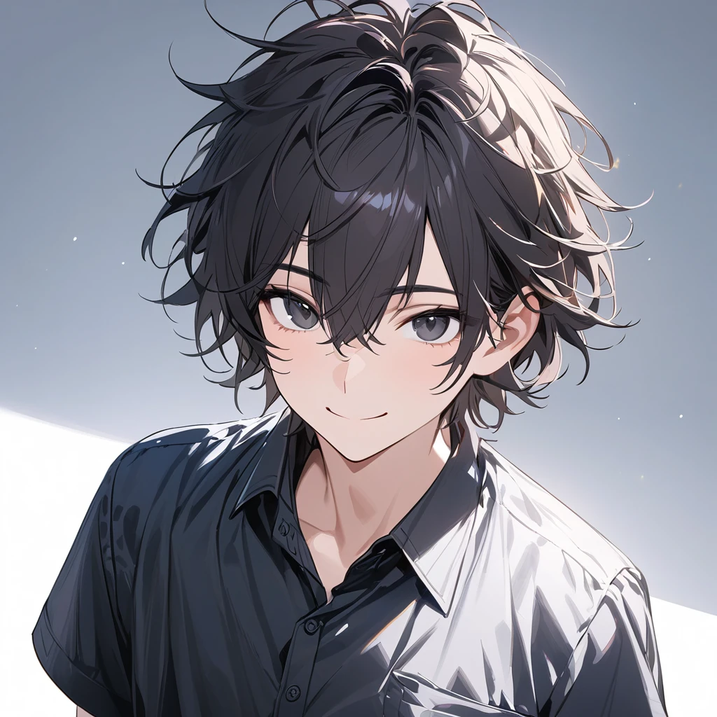 artwork, best quality, well detailed, boy, black eyes, dark hair, short hair, messy hair, smiling, dress shirt, black shirt, short sleeves, looking at viewer, standing, still, only showing torso and head, simple white background.
