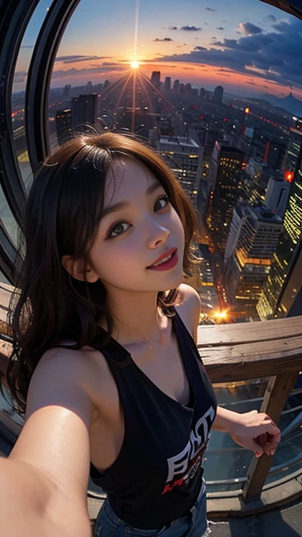 One girl, Korean, Fisheye Lens, Selfie, Wind, Messy Hair, sunset, Cityscape, (Aesthetics and atmosphere:1.2),smile