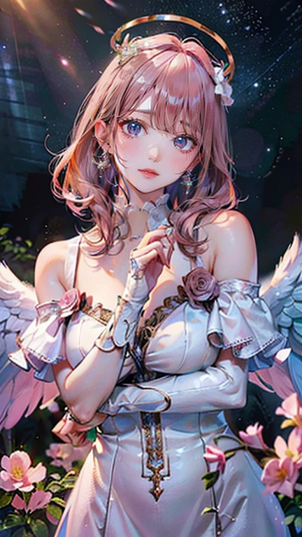 (masterpiece, Highest quality:1.3), (Very detailed:1.2), (hyperRealistic:1.3), (RAW Photos:1.2), High resolution raw color photos, Professional photos, (PhotoRealistic:1.4), (Realistic:1.4), (Pink Hair:1.5), Professional Lighting, Perfect Anatomy, (Big Breasts:1.2), (blush, Detailed face), (smile:1.7), sexy, erotic sexy, ランダムなsexyなグラビアポーズ, (An angel in a white gold off-the-shoulder sundress、so beautiful、Wearing a flower crown and smiling gracefully in a flower field in full bloom、The background is flowers in full bloom々、Shining starry sky、Pearl Earrings、Pose picking flowers。:1.3)、Archangel Raphael、It has two large white wings on its back...、She looks like an angel.、Taking the form of an archangel、holding a pink rose in hand、A round halo of an angel on my head