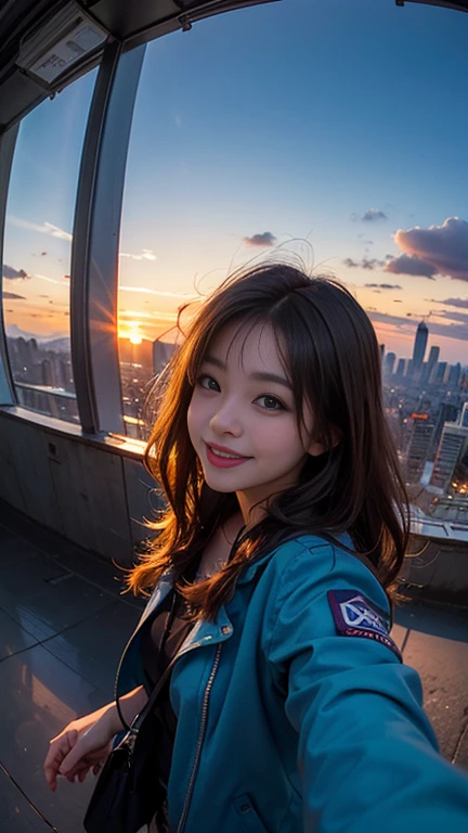 One girl, Korean, Fisheye Lens, Selfie, Wind, Messy Hair, sunset, Cityscape, (Aesthetics and atmosphere:1.2),smile