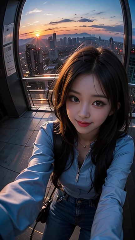 One girl, Korean, Fisheye Lens, Selfie, Wind, Messy Hair, sunset, Cityscape, (Aesthetics and atmosphere:1.2),smile