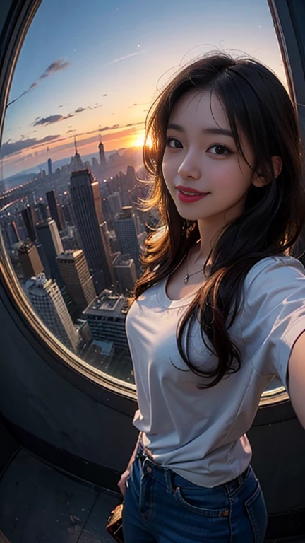 One girl, Korean, Fisheye Lens, Selfie, Wind, Messy Hair, sunset, Cityscape, (Aesthetics and atmosphere:1.2),smile