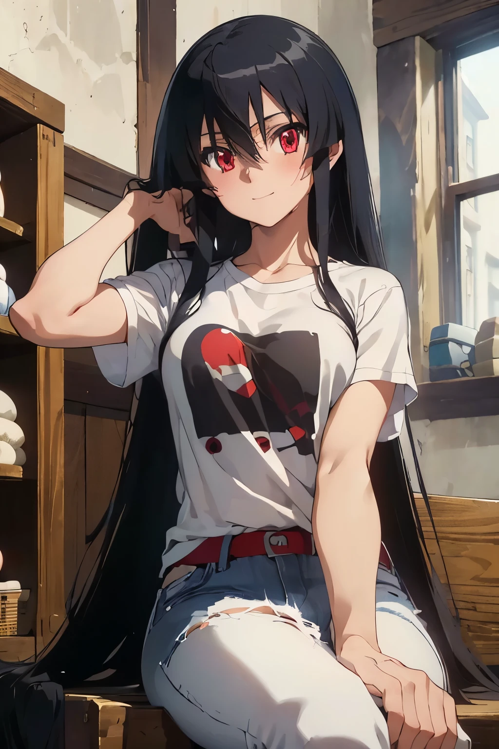((Master piece , best quality )),perfect face ,perfect eyes, beautiful red eyes, black hair,(( very long hair )),between eyes hair , blushing ,smile,looking at me, full body,cowboy shot,sexy pose, ((1girl,solo)),Akame, ((T-shirt, white shirt ,jeans short )),sitting on sofa