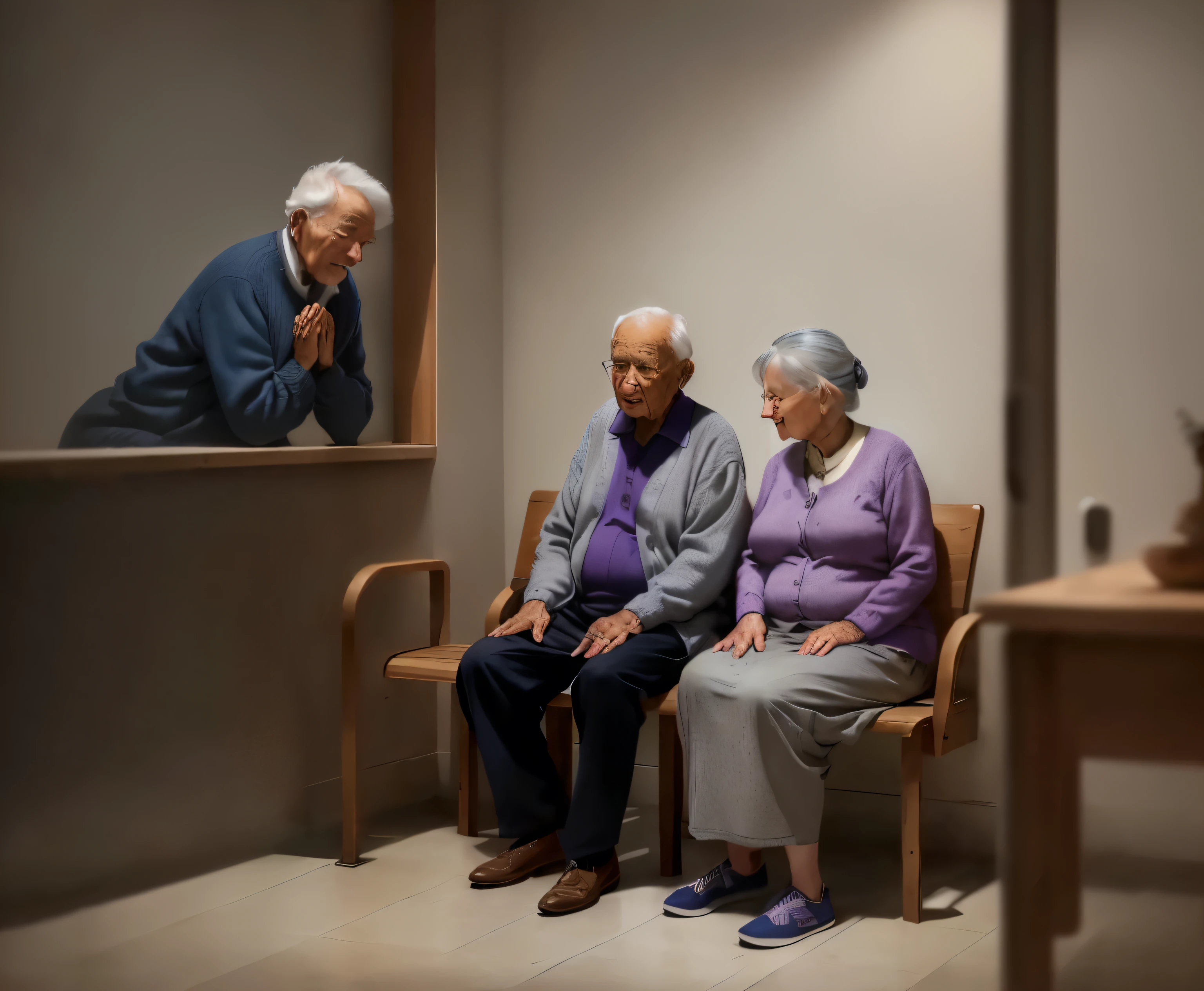 in a room with beige walls and tiled flooring, there is a wooden bench with a couple elderly people sitting (old man and old woman), hands on the bible that is on their legs, a man and a woman. The elderly man is wearing a patterned sweater and blue pants, while the elderly woman is dressed in a purple cardigan and gray long skirt. Both have gray hair and eyes closed, praying happy.