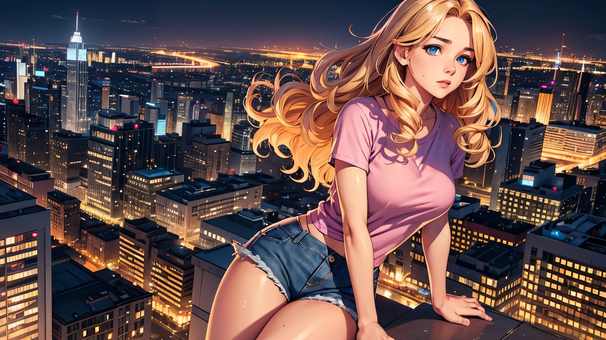 a beautiful blonde curly-haired girl, full body, perfect body, perfect hands, looking at the city at night on top of a building, pink shirt, denim shorts, white sneakers, (best quality,4k,8k,highres,masterpiece:1.2),ultra-detailed,(realistic,photorealistic,photo-realistic:1.37),dramatic lighting,cinematic,dark hour,glowing skin,detailed face,mesmerizing eyes,detailed hair,detailed clothing