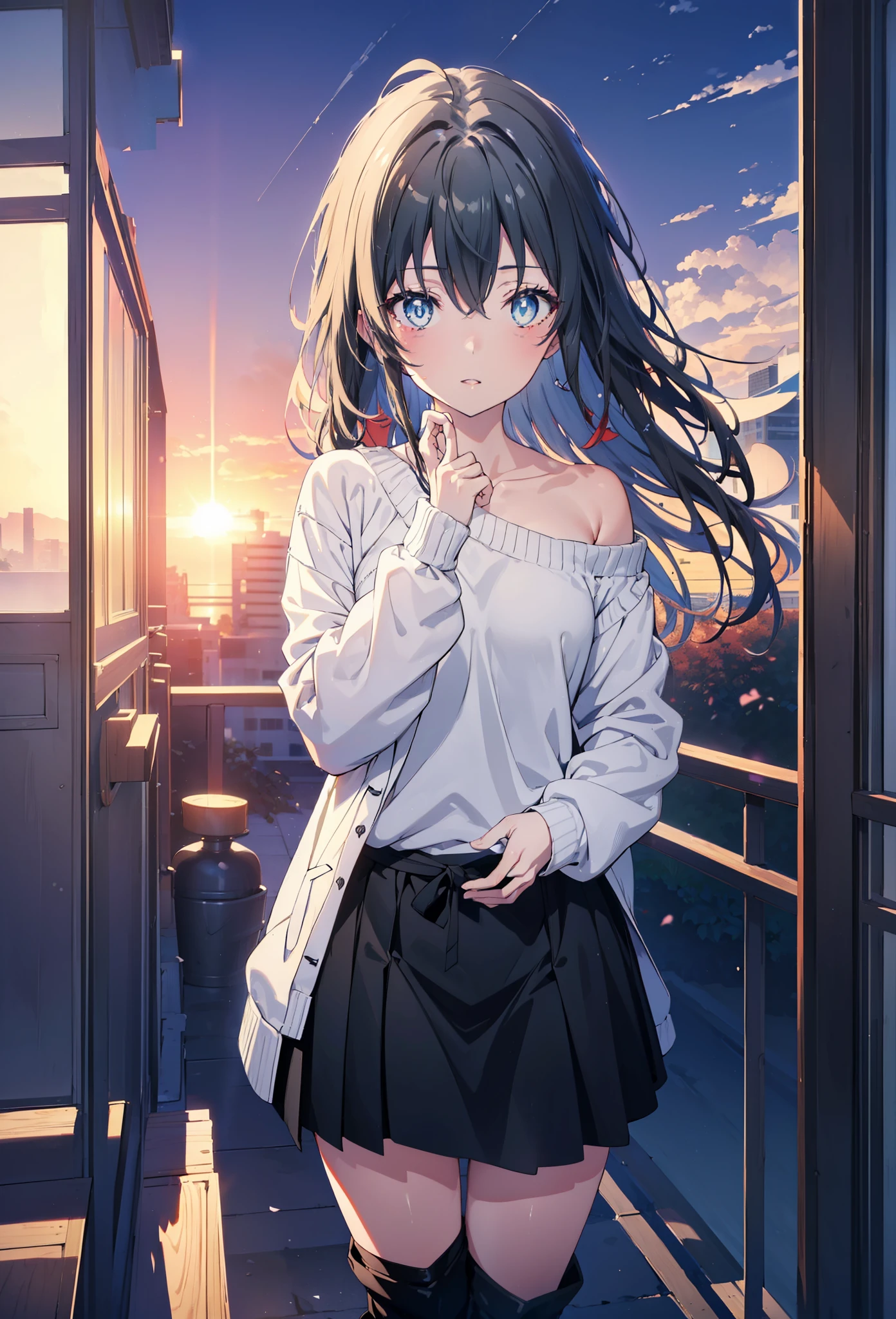 Yukino, yukino yukinoshita, Black Hair, blue eyes,smile, Long Hair, Ahoge,One-shoulder sweater,mini skirt,Black tights,short boots,whole bodyがイラストに入るように,morning,morning陽,The sun is rising,Walking,
break looking at viewer,whole body,
break outdoors, Building district,
break (masterpiece:1.2), Highest quality, High resolution, unity 8k wallpaper, (shape:0.8), (Beautiful and beautiful eyes:1.6), Highly detailed face, Perfect lighting, Highly detailed CG, (Perfect hands, Perfect Anatomy),