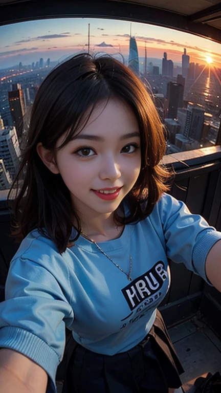 One girl, Korean, Fisheye Lens, Selfie, Wind, Messy Hair, sunset, Cityscape, (Aesthetics and atmosphere:1.2),smile