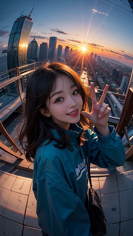 One girl, Korean, Fisheye Lens, Selfie, Wind, Messy Hair, sunset, Cityscape, (Aesthetics and atmosphere:1.2),smile