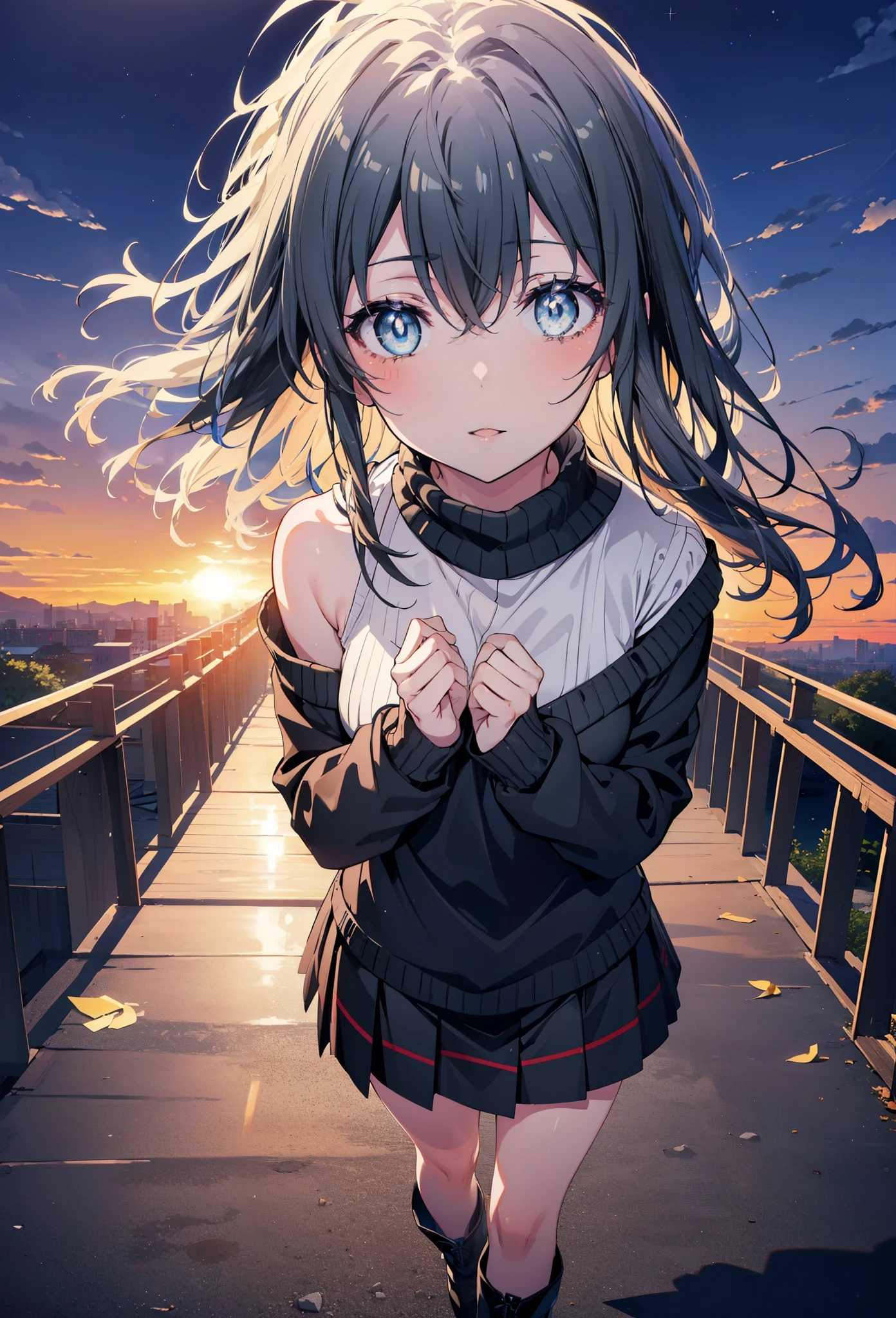 Yukino, yukino yukinoshita, Black Hair, blue eyes,smile, Long Hair, Ahoge,One-shoulder sweater,mini skirt,Black tights,short boots,whole bodyがイラストに入るように,morning,morning陽,The sun is rising,Walking,
break looking at viewer,whole body,
break outdoors, Building district,
break (masterpiece:1.2), Highest quality, High resolution, unity 8k wallpaper, (shape:0.8), (Beautiful and beautiful eyes:1.6), Highly detailed face, Perfect lighting, Highly detailed CG, (Perfect hands, Perfect Anatomy),