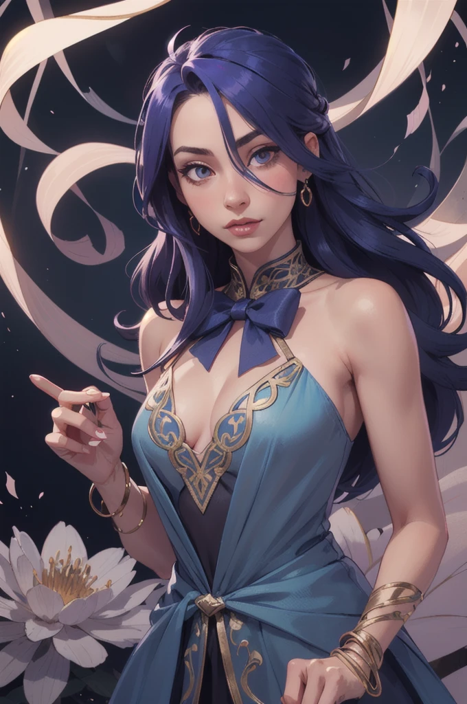 1girl, long hair, bright hair color, seductive eyes, mysterious expression, mature appearance, charming dress, flowing dress, elegant jewelry, intricate decoration, magic symbols, glowing accessories, potions, scrolls, cute accents, bows, ribbons, flowers,