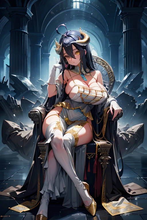 ((Highest quality)), ((masterpiece)),(detailed),High resolution,Sharp focus,Perfect Face,1woman,(complete anatomy),
(非常にdetailed CG unity 8k wallpaper),(((Vibrant colors))),{best illustration},Perfect Fingers,
Albedo, Black Hair,Ahoge, White Devil's Horn,Glowing yellow eyes, Long pupils Glamorous_expensive_Tight waist_Long legs,Curved,Cleavage, (Huge hips:1.3),(Huge breasts, Glamour:1.1),
Black wings,(Low Wing:1.1), Wings with feathers,Gold Jewelry,White gloves,
shiny 肌,very shiny 肌,Shiny body,plastic glitter 肌,exaggerated shiny 肌,illuminated 肌,
((detailedなボディ)),(detailedな顔)), cute,Lewd,erotic,Bold,
White Dress, Hip vents, Exposing shoulders, Detachable collar,
(Flying debris, 超High resolution),(((White and gold theme))),Wear an iridescent aura,
Invisible Light, Amazing shine, neon blue glow, The colors of another world,
Bright colors, Ghostly Effects,Surreal Landscape,
fluttering feathers, Feather Effect, bored, 。head rest, sitting, crossed legs,
Western Castle,Vast Hall,indoor,A row of pillars engraved with intricate runes,A huge, richly decorated throne,Underground Palace,Soft lighting,Medieval European style,