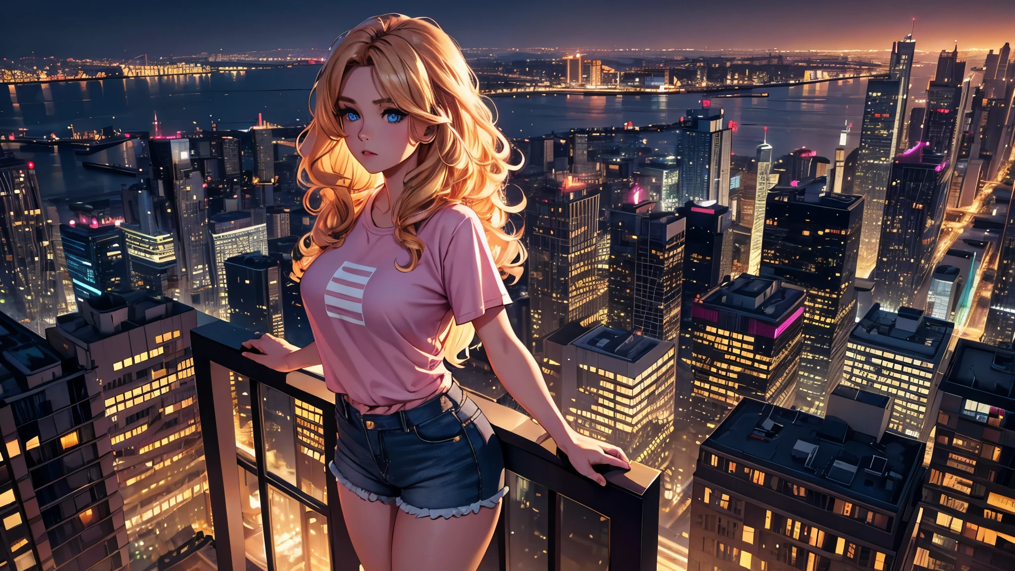 a beautiful blonde curly-haired girl, full body, perfect body, perfect hands, looking at the city at night on top of a building, pink shirt, denim shorts, white sneakers, (best quality,4k,8k,highres,masterpiece:1.2),ultra-detailed,(realistic,photorealistic,photo-realistic:1.37),dramatic lighting,cinematic,dark hour,glowing skin,detailed face,mesmerizing eyes,detailed hair,detailed clothing