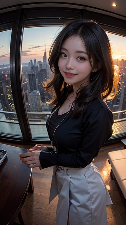 One girl, Korean, Fisheye Lens, Selfie, Wind, Messy Hair, sunset, Cityscape, (Aesthetics and atmosphere:1.2),smile