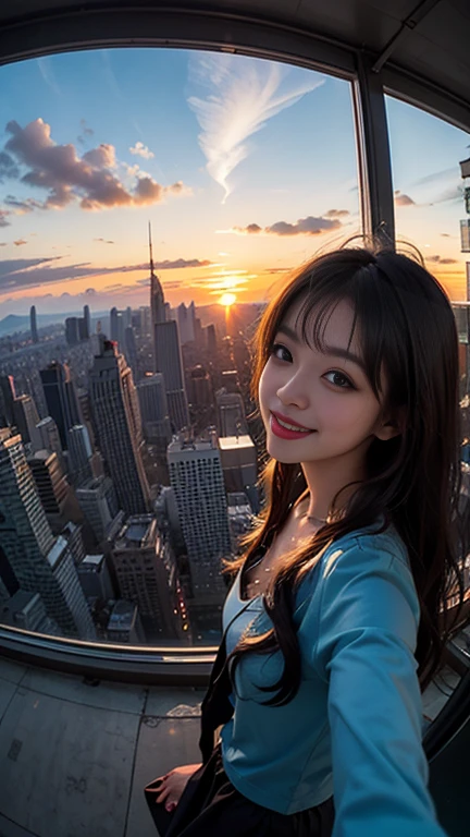 One girl, Korean, Fisheye Lens, Selfie, Wind, Messy Hair, sunset, Cityscape, (Aesthetics and atmosphere:1.2),smile