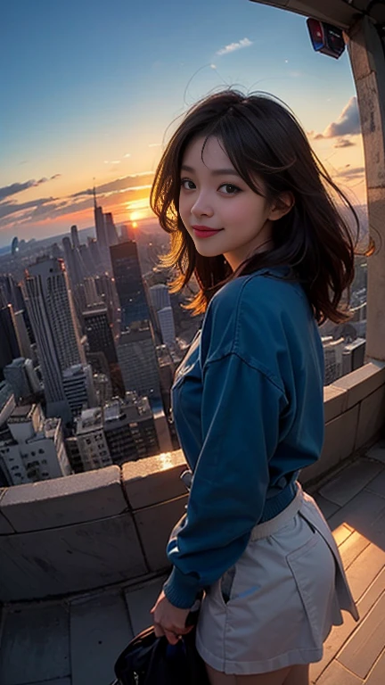 One girl, Korean, Fisheye Lens, Selfie, Wind, Messy Hair, sunset, Cityscape, (Aesthetics and atmosphere:1.2),smile