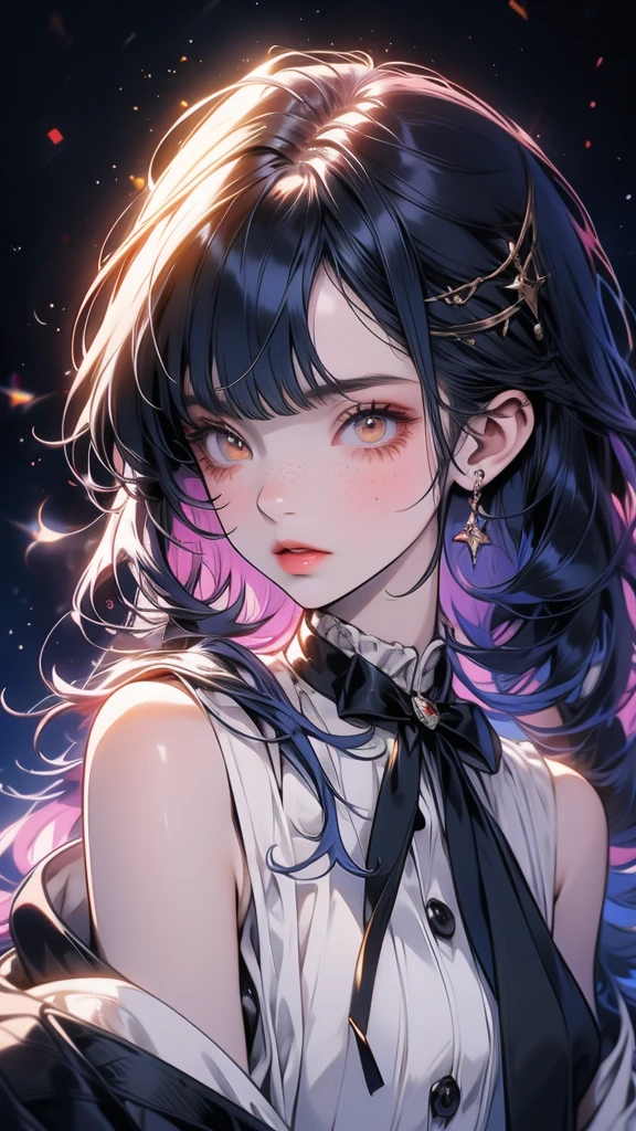 anime girl 20 years old with narrow yellow eyes, a smoll mole under the eye, bruises under the eye, inconspicuous freckles on the nose, straight dark purple-blue hair below the shoulders and oblique long bangs covering the left eye, pale skin, tired look, breasts of the second size, low height, 4k