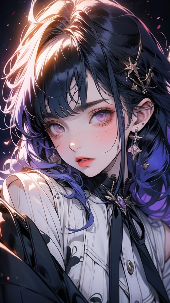 anime girl 20 years old with narrow yellow eyes, a smoll mole under the eye, bruises under the eye, inconspicuous freckles on the nose, straight dark purple-blue hair below the shoulders and oblique long bangs covering the left eye, pale skin, tired look, breasts of the second size, low height, 4k