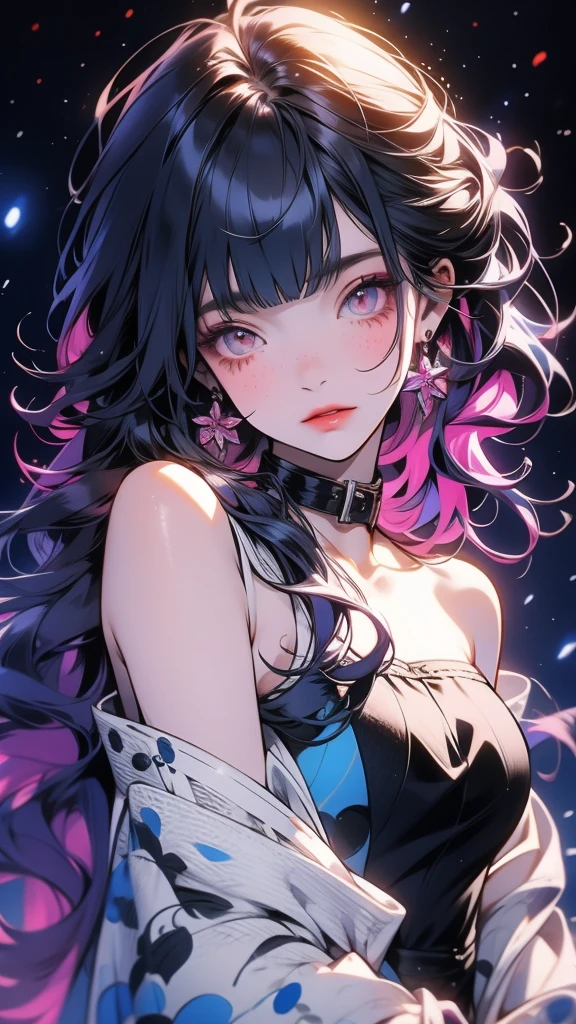 anime girl 20 years old with narrow yellow eyes, a smoll mole under the eye, bruises under the eye, inconspicuous freckles on the nose, straight dark purple-blue hair below the shoulders and oblique long bangs covering the left eye, pale skin, tired look, breasts of the second size, low height, 4k