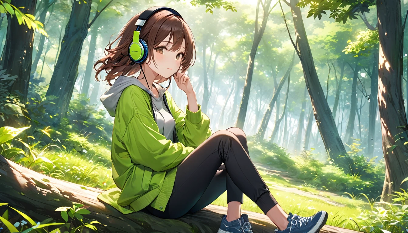 Brown-haired girl wearing headphones、Cool breeze in the forest. Highly detailed.、masterpiece, Highest quality, Light background:Lush green forest look:A calm and cool look:Casual outdoor wear pose:Sitting in the shade、A scene where you can feel the cool breeze:In the cool forest、A moment to relax
(Detailed fingers), (Emotional), (Breathtakingly beautiful), (main part:1.2 Whole body), (Anime Style), (Very detailed), (超High resolution, High resolution), (8k), (Complex and beautiful: 1.2)