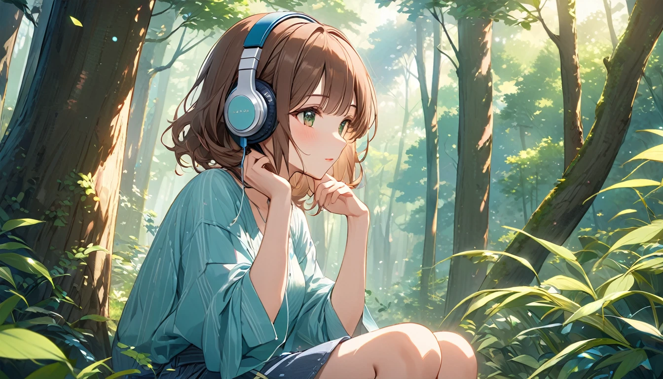 Brown-haired girl wearing headphones、Cool breeze in the forest. Highly detailed.、masterpiece, Highest quality, Light background:Lush green forest look:A calm and cool look:Casual outdoor wear pose:Sitting in the shade、A scene where you can feel the cool breeze:In the cool forest、A moment to relax
(Detailed fingers), (Emotional), (Breathtakingly beautiful), (main part:1.2 Whole body), (Anime Style), (Very detailed), (超High resolution, High resolution), (8k), (Complex and beautiful: 1.2)