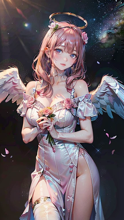 (masterpiece, Highest quality:1.3), (Very detailed:1.2), (hyperRealistic:1.3), (RAW Photos:1.2), High resolution raw color photos, Professional photos, (PhotoRealistic:1.4), (Realistic:1.4), (Pink Hair:1.5), Professional Lighting, Perfect Anatomy, (Big Breasts:1.2), (blush, Detailed face), (smile:1.7), sexy, erotic sexy, ランダムなsexyなグラビアポーズ, (An angel in a white gold off-the-shoulder sundress、so beautiful、Wearing a flower crown and smiling gracefully in a flower field in full bloom、The background is flowers in full bloom々、Shining starry sky、Pearl Earrings、Pose picking flowers。:1.3)、Archangel Raphael、It has two large white wings on its back...、She looks like an angel.、Taking the form of an archangel、holding a pink rose in hand、A round halo of an angel on my head