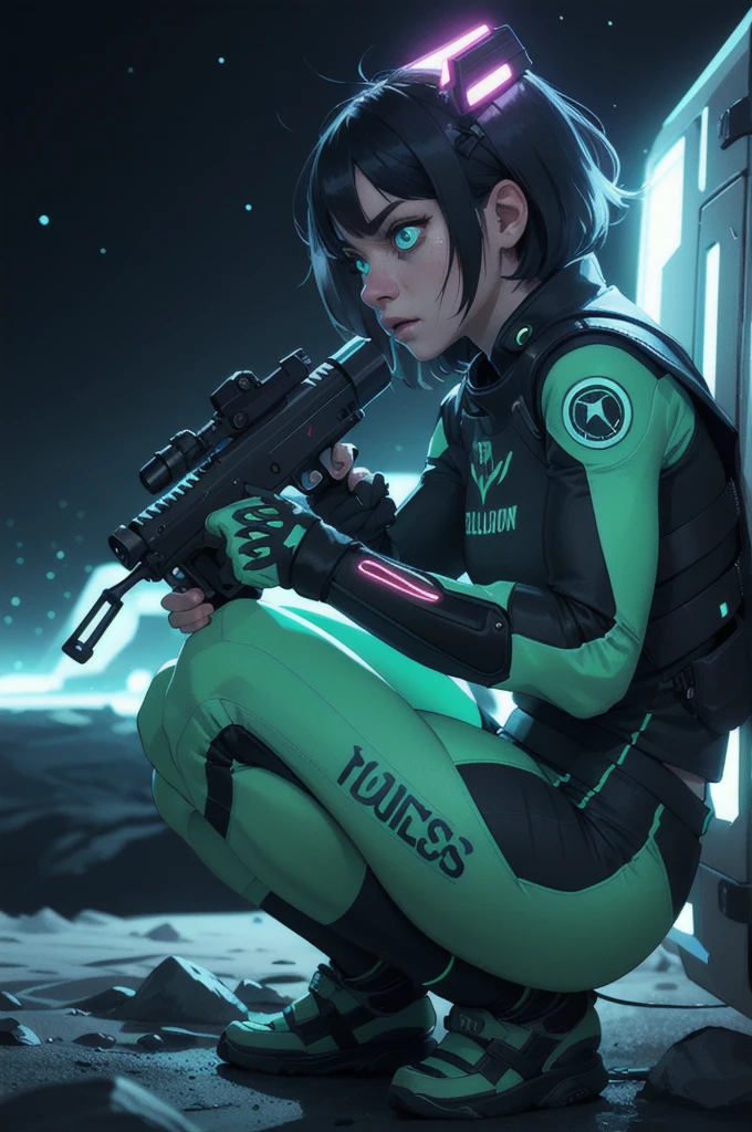 (grainy:0.5), cinematic,girl, space, serious, detailed eyes, detailed face, detailed futuristic clothes, lights in clothes, (aiming gun:1.1), (hiding:1.1), (squatting, looking to side:1.1), volumetric lighting, isolation, horror, dark lighting, red bioluminescent details, green bioluminescent details, blue bioluminescent details