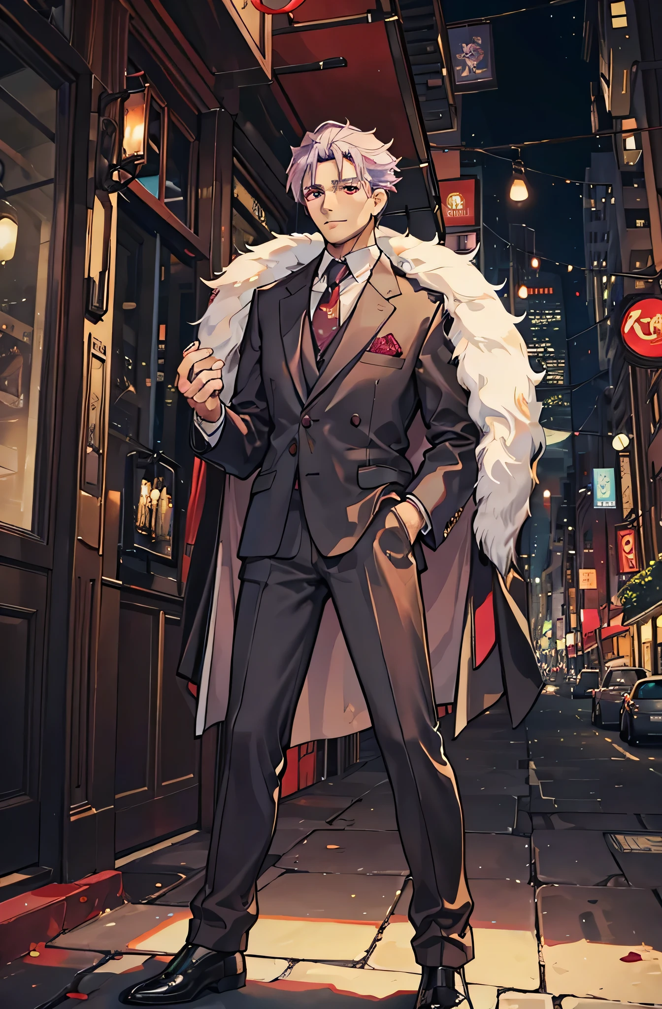 A close up of a handsome man, he has red purple eyes and hair, he wears elegant clothing, he looks at the camera as if he owns the world,,old man,60 years old,standing,city background,full body,whole body,