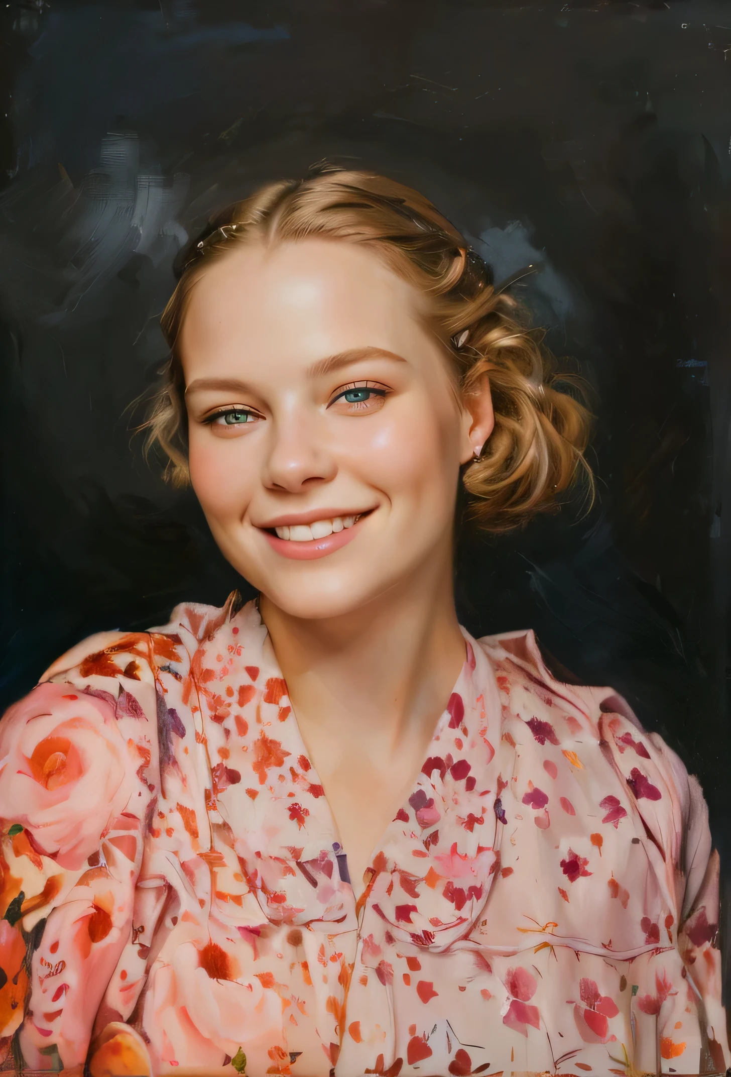 there is a woman that is smiling for a picture in a picture, color portrait, detailed color portrait, color studio portrait, high quality portrait, colour portrait photograph, daniela uhlig, in a oil painting style, headshot portrait, painted portrait, side centered painted portrait, realistic studio portrait, photo of young woman, detailed portrait, marthe jonkers, painterly portrait