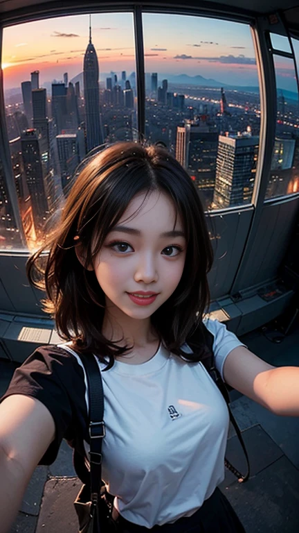 One girl, Korean, Fisheye Lens, Selfie, Wind, Messy Hair, sunset, Cityscape, (Aesthetics and atmosphere:1.2),smile