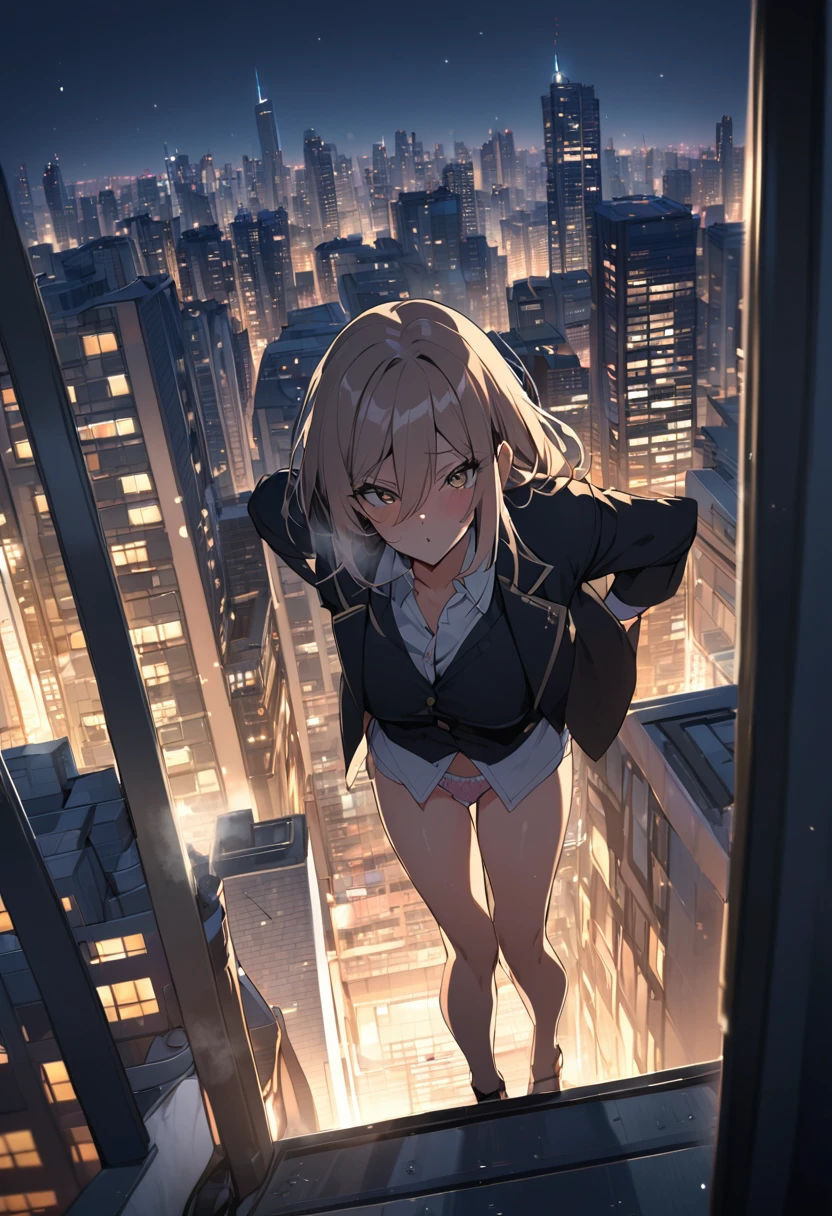 A muscular career woman in a business jacket and panties is urinating profusely towards the skyscrapers at night on the roof of a high-rise apartment building.、urinating at the viewer