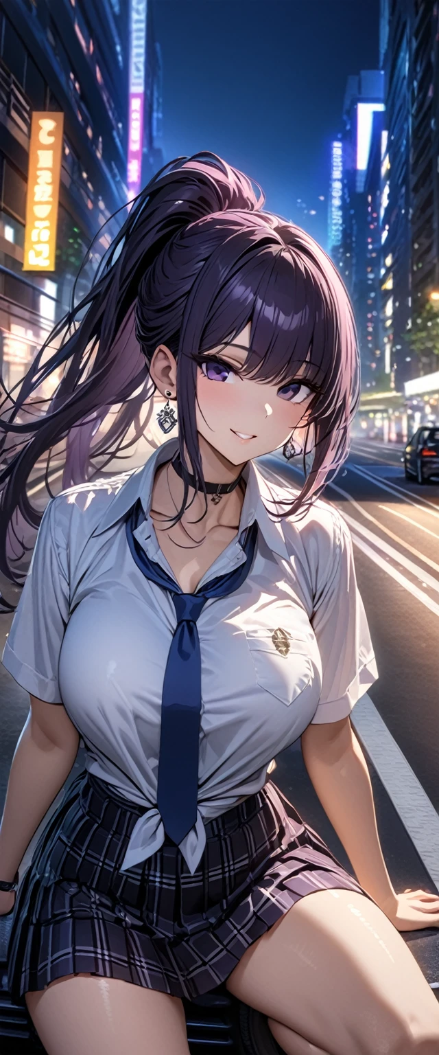 Komi Shouko wearing a jewelry, earrings, piercing, school uniform, white shirt, tied shirt, black choker, blue necktie, plaid skirt, purple hair, ponytail hair, purple eyes, smiling, big breasts, near a well-detailed black car, on a track in a large city at night, perfect lighting,HDR, ultra resolution , very detailed, masterpiece, ultra quality, 4K HD.