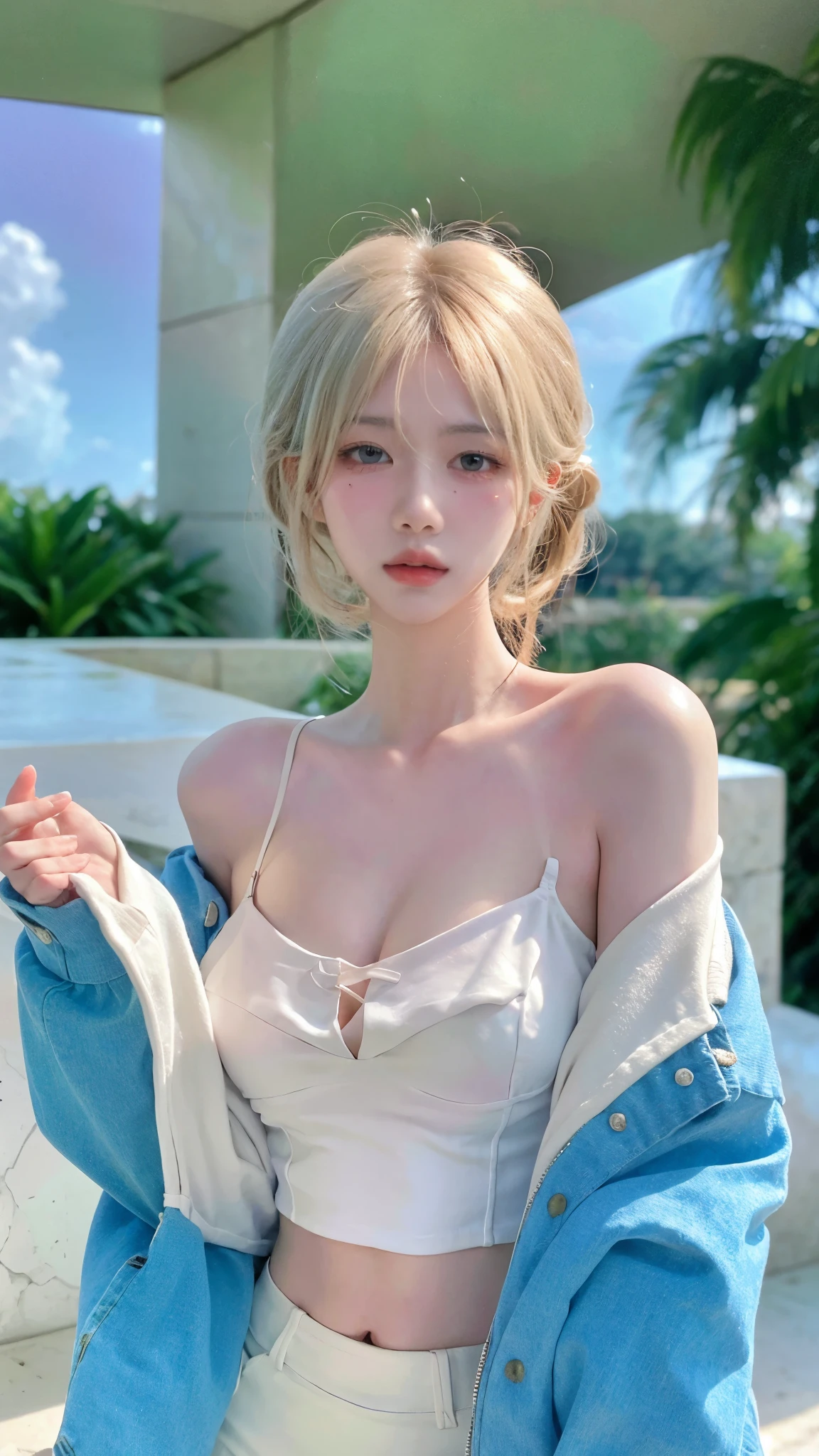 Beautiful woman with perfect figure:1.4,snow,Touching butt with both hands,snow背景,Layered Hairstyle,White skin,Prominent cleavage,Pleated Skirt,whole body,Very delicate face and skin texture,Double eyelids,Skin Whitening,Long white hair