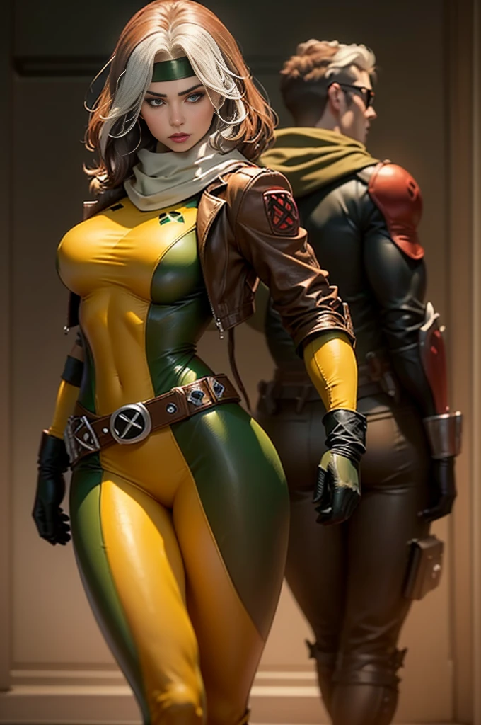 Masterpiece, hd, 8k, ultra detailed, photorealistic !(Rogue is a mutant superhero who has the power to absorb the memories, powers, and characteristics of anyone she touches. Her appearance and wardrobe have varied over the years, but some elements are constant. Rogue has brown hair with a white streak in the front, which is the result of permanently absorbing Ms. Marvel's powers¹. Her eyes are green and she usually wears discreet makeup. His most characteristic wardrobe is a green and yellow bodysuit with a brown leather jacket over it. The suit has a belt with an X and high boots. Rogue also wears gloves to prevent accidental contact with other people. Sometimes Rogue accessorizes her outfit with a scarf, cap, or sunglasses. Rogue has an athletic figure and average height. Their expression is usually confident and defiant, but can also show vulnerability and tenderness. Rogue is a southern belle who has become a leader of the X-Men)
