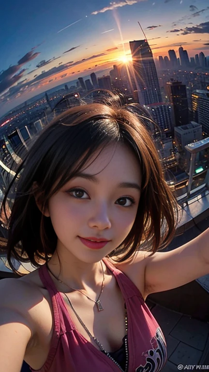 One girl, Korean, Fisheye Lens, Selfie, Wind, Messy Hair, sunset, Cityscape, (Aesthetics and atmosphere:1.2),smile
