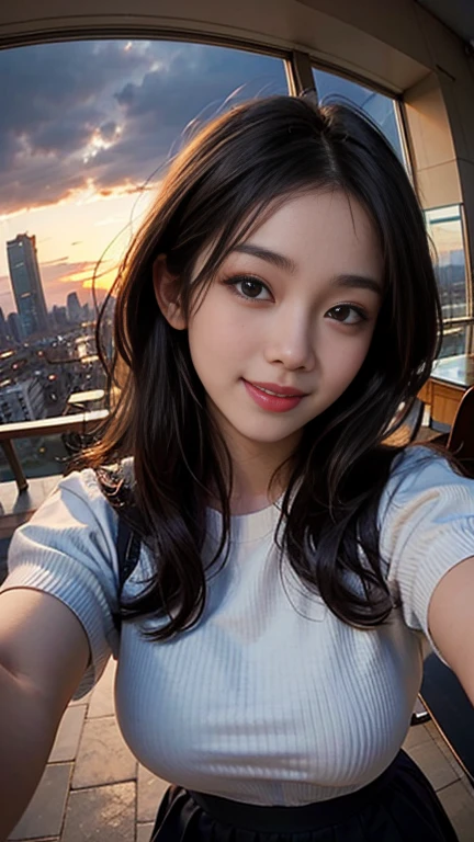 One girl, Korean, Fisheye Lens, Selfie, Wind, Messy Hair, sunset, Cityscape, (Aesthetics and atmosphere:1.2),smile