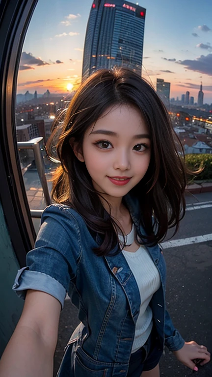 One girl, Korean, Fisheye Lens, Selfie, Wind, Messy Hair, sunset, Cityscape, (Aesthetics and atmosphere:1.2),smile