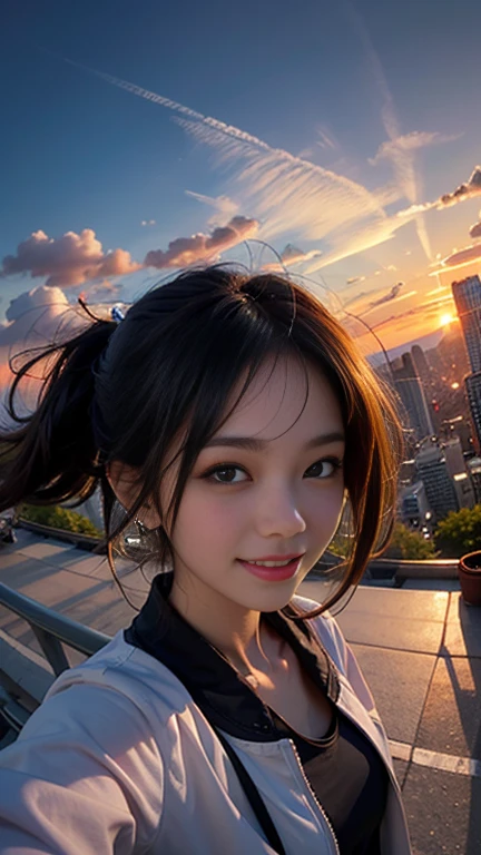 One girl, Korean, Fisheye Lens, Selfie, Wind, Messy Hair, sunset, Cityscape, (Aesthetics and atmosphere:1.2),smile