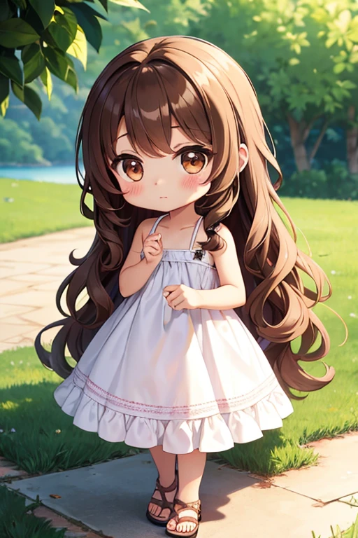 chibi , whole body , big brown eyes , long wavy hair without bangs , brunette , White summer dress with straps , beautiful sandals , blush , I'm sitting on the floor with a white and tan Shihtzu dog., smiling face , cute freckles