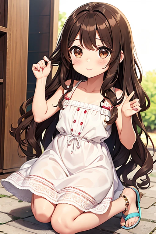chibi , whole body , big brown eyes , long wavy hair without bangs , brunette , White summer dress with straps , beautiful sandals , blush , I'm sitting on the floor with a white and tan Shihtzu dog., smiling face , cute freckles