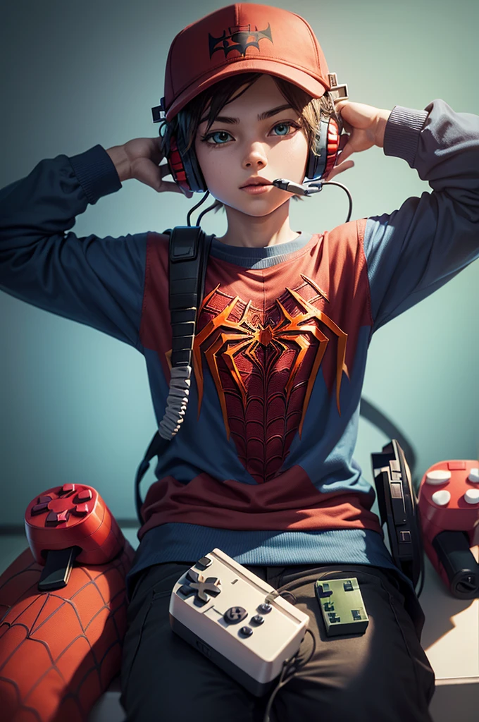 Minecraft character with a gamer headset holding a video game controller with the Spiderman shirt