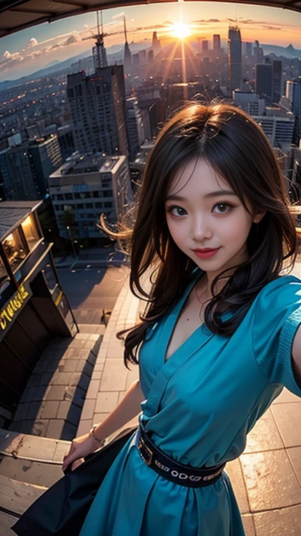 One girl, Korean, Fisheye Lens, Selfie, Wind, Messy Hair, sunset, Cityscape, (Aesthetics and atmosphere:1.2),smile