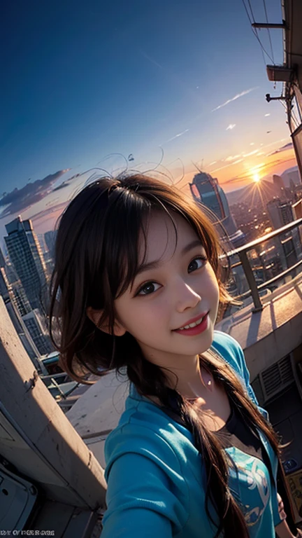 One girl, Korean, Fisheye Lens, Selfie, Wind, Messy Hair, sunset, Cityscape, (Aesthetics and atmosphere:1.2),smile