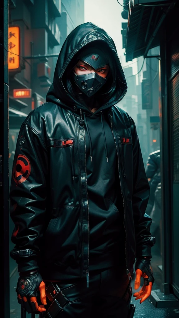 (((A stunning masterpiece))), (((featuring the highest quality))), An incredible scene unfolds before us. A mysterious figure emerges, adorned in a black hoodie and a mask. This hyper-realistic artwork radiates a cyberpunk ambiance, reminiscent of a digital anime. The color palette is dominated by captivating shades of cyan, perfectly complementing the vibrant red eyes and the black hue of the mask."
